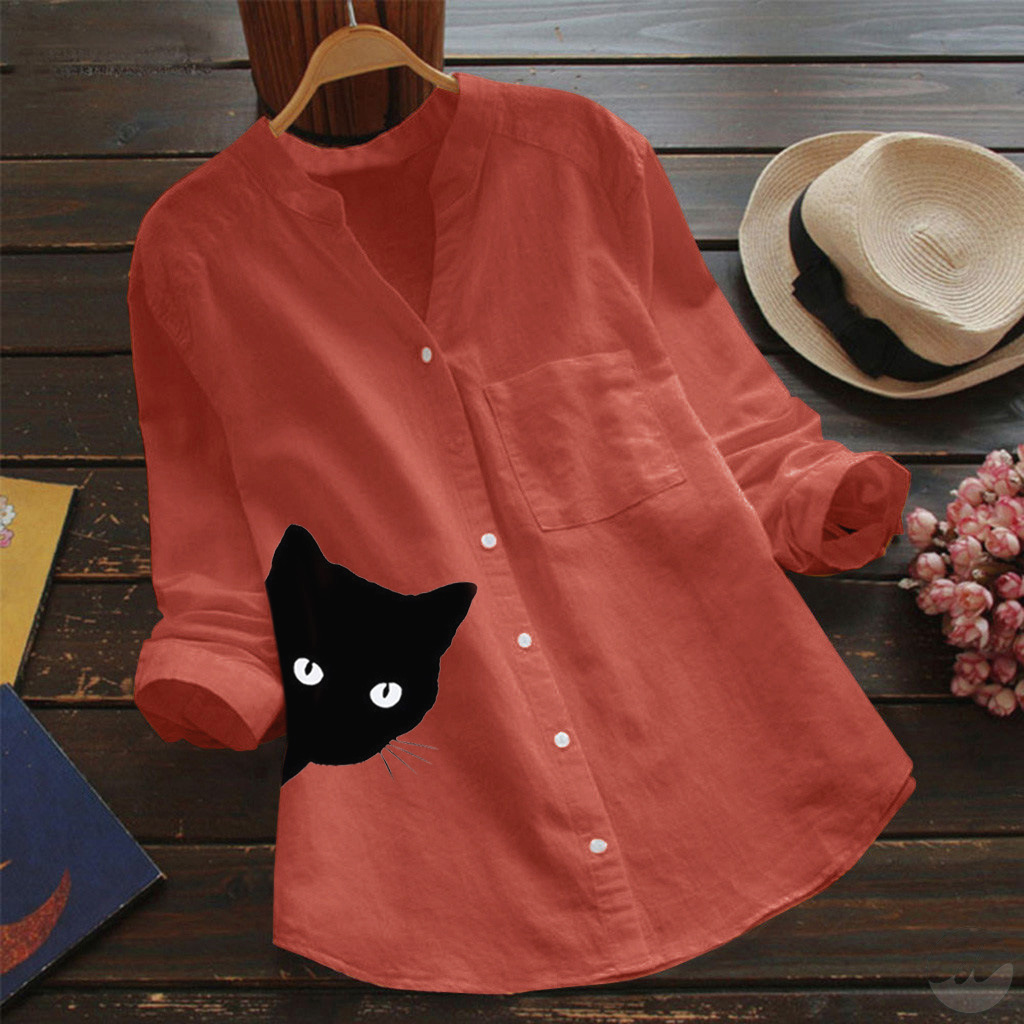 猫柄プリントVネック4色展開UV・冷房対策超袖シャツ - Fashionec